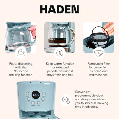 Haden Brighton 12 Cup Sleek Modern Nautical Coffee Maker, Sky Blue (Open Box) - VMInnovations