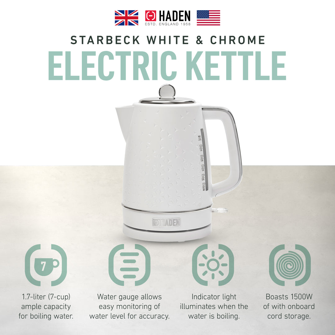 Haden Starbeck 1.7 Liter Stainless Steel Electric Water Kettle, White & Chrome