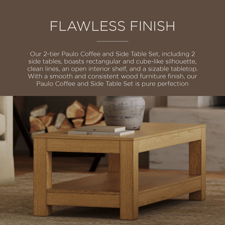 Maven Lane Paulo Wooden Coffee Table with Set of 2 Side Tables, Weathered Natural