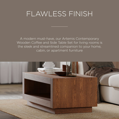 Maven Lane Artemis Wooden Coffee Table and Set of 2 Side Tables, Refined Brown - VMInnovations
