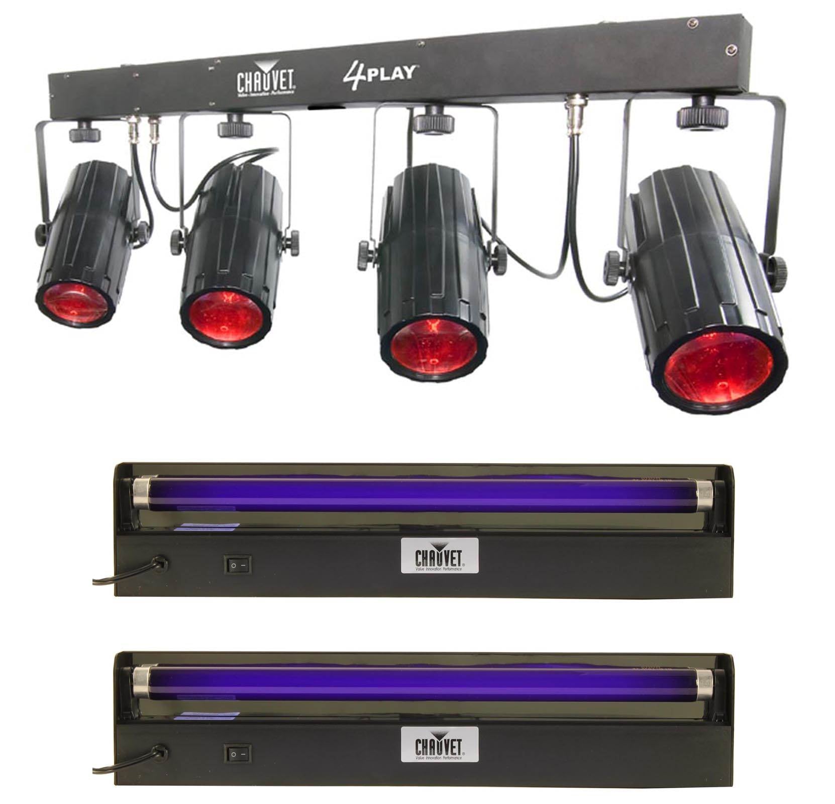 NEW! CHAUVET 4PLAY LED DMX Novelty Light Beam Bar System + (2)NV-F18 Blacklights