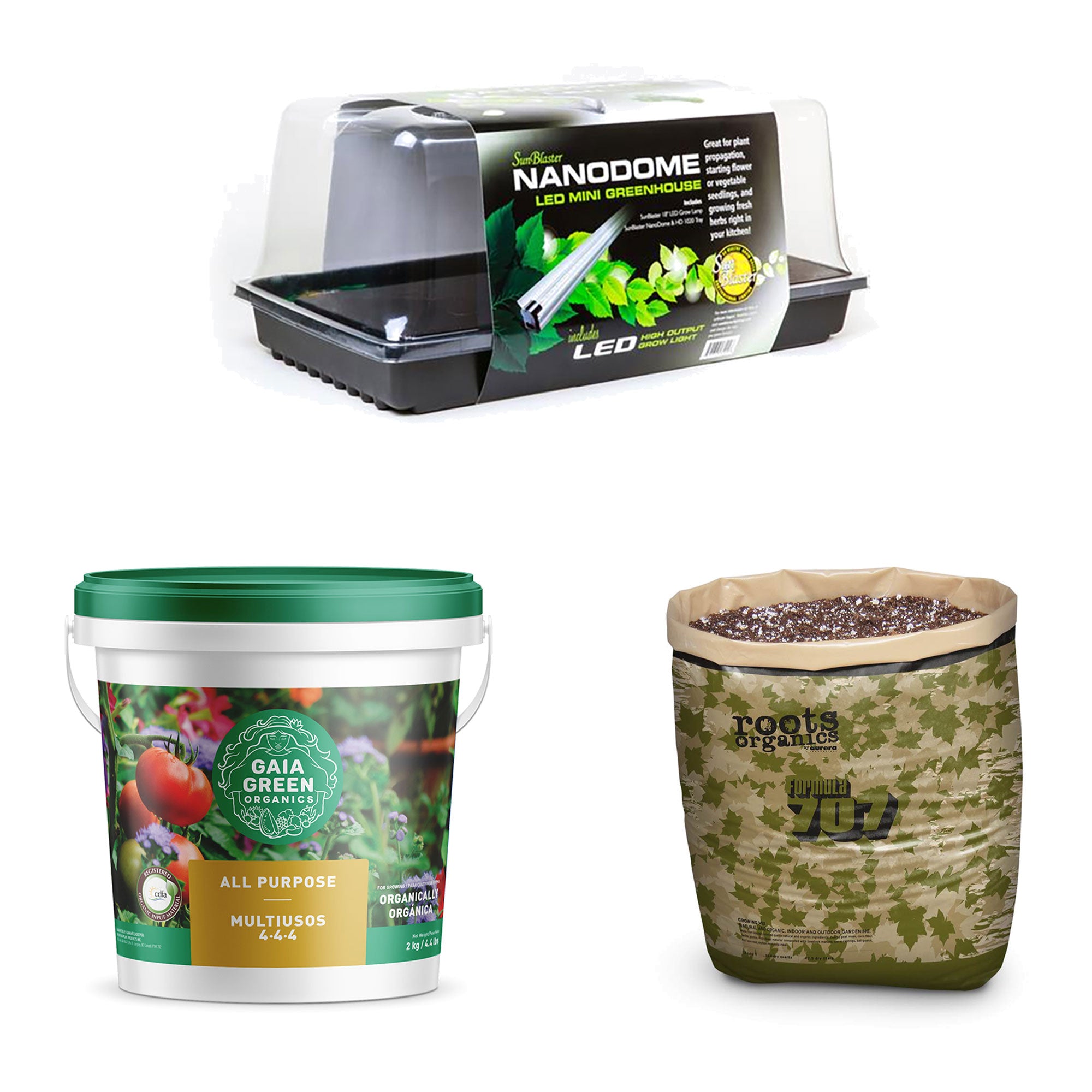 SunBlaster Mini Greenhouse Kit + GAIA GREEN Plant Food + Roots Organics Soil