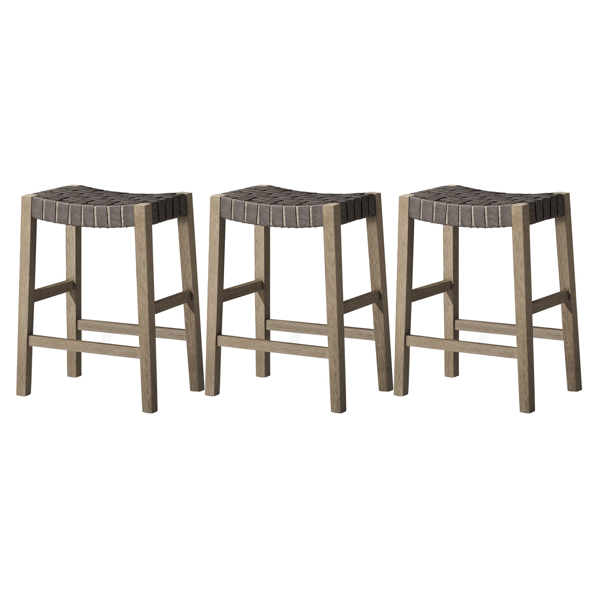Maven Lane Emerson Counter Stool, Weathered Grey Wood & Vegan Leather, Set of 3