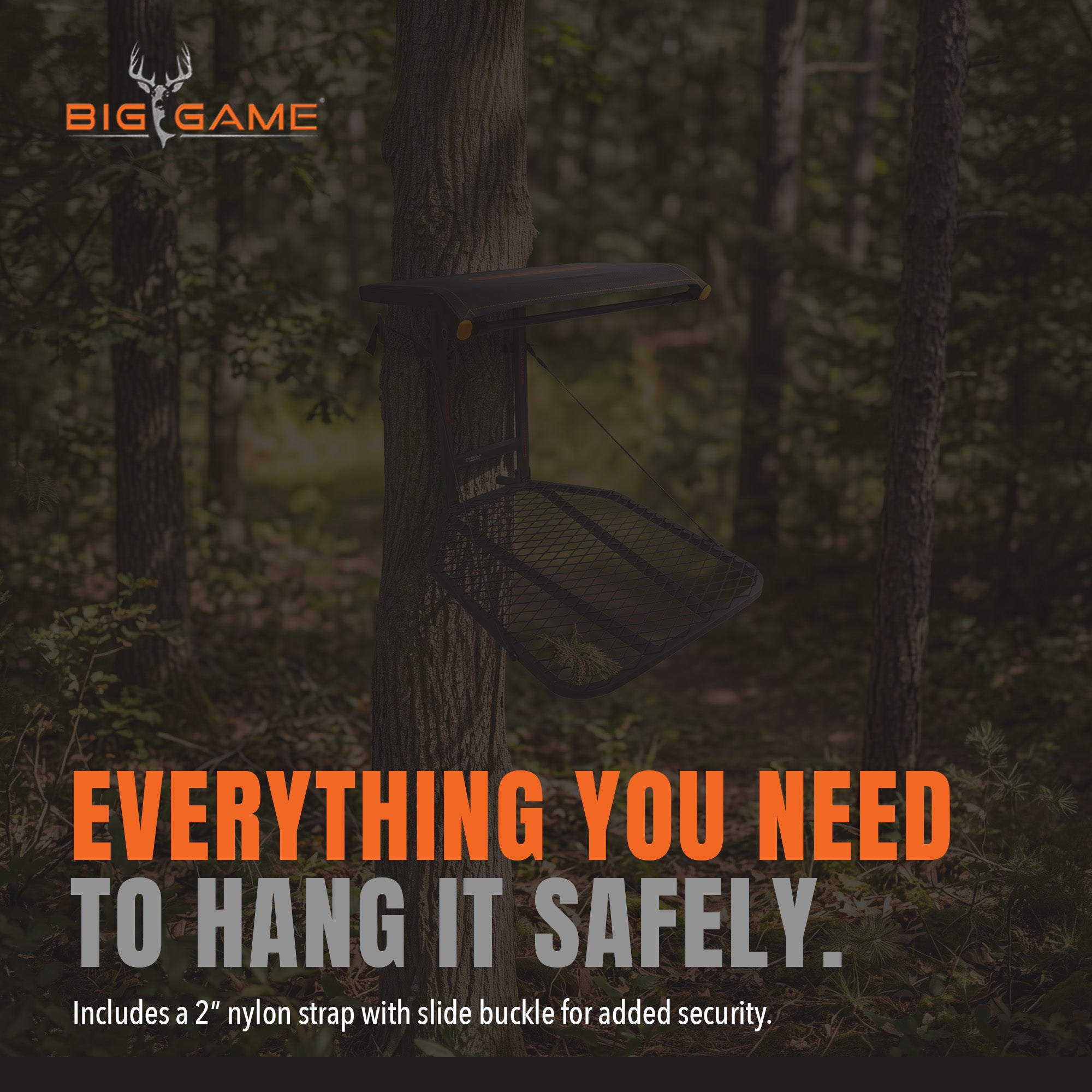 Big Game Steel Hang-On Treestand with 14"x12" Flip-Back Seat, Black (Open Box)