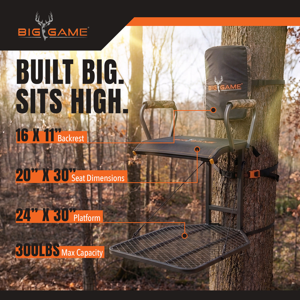 Big Game Captain XC Steel Hang-On Treestand with 20 x 30 Flip-Back Seat, Black