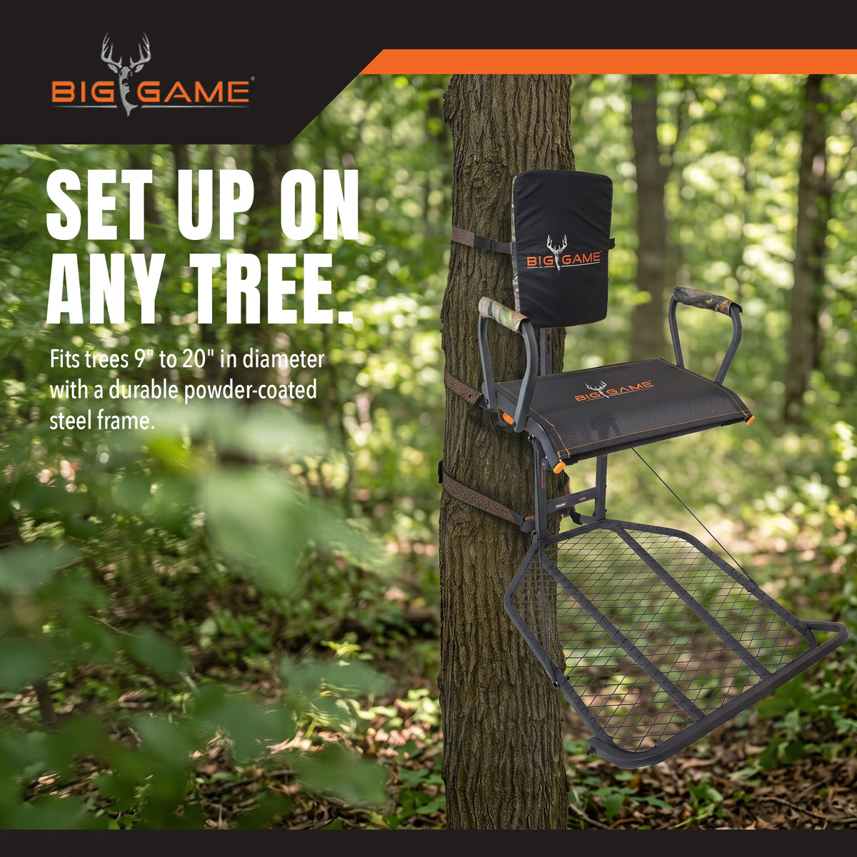 Big Game Captain XC Steel Hang-On Treestand with 20 x 30 Flip-Back Seat, Black