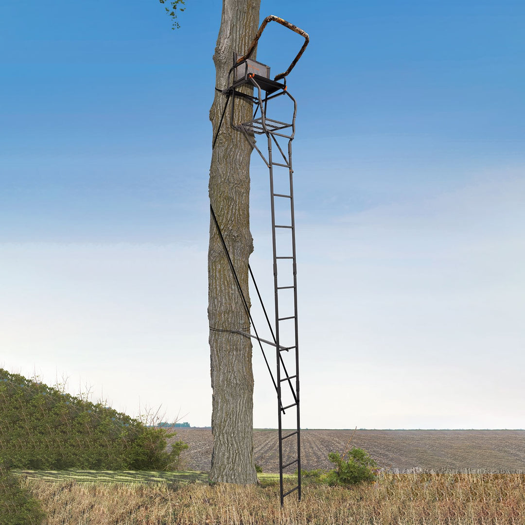 Big Game XL 17.5' Ladder Treestand with Flip-Back Seat and Rail, Black(Open Box) - VMInnovations
