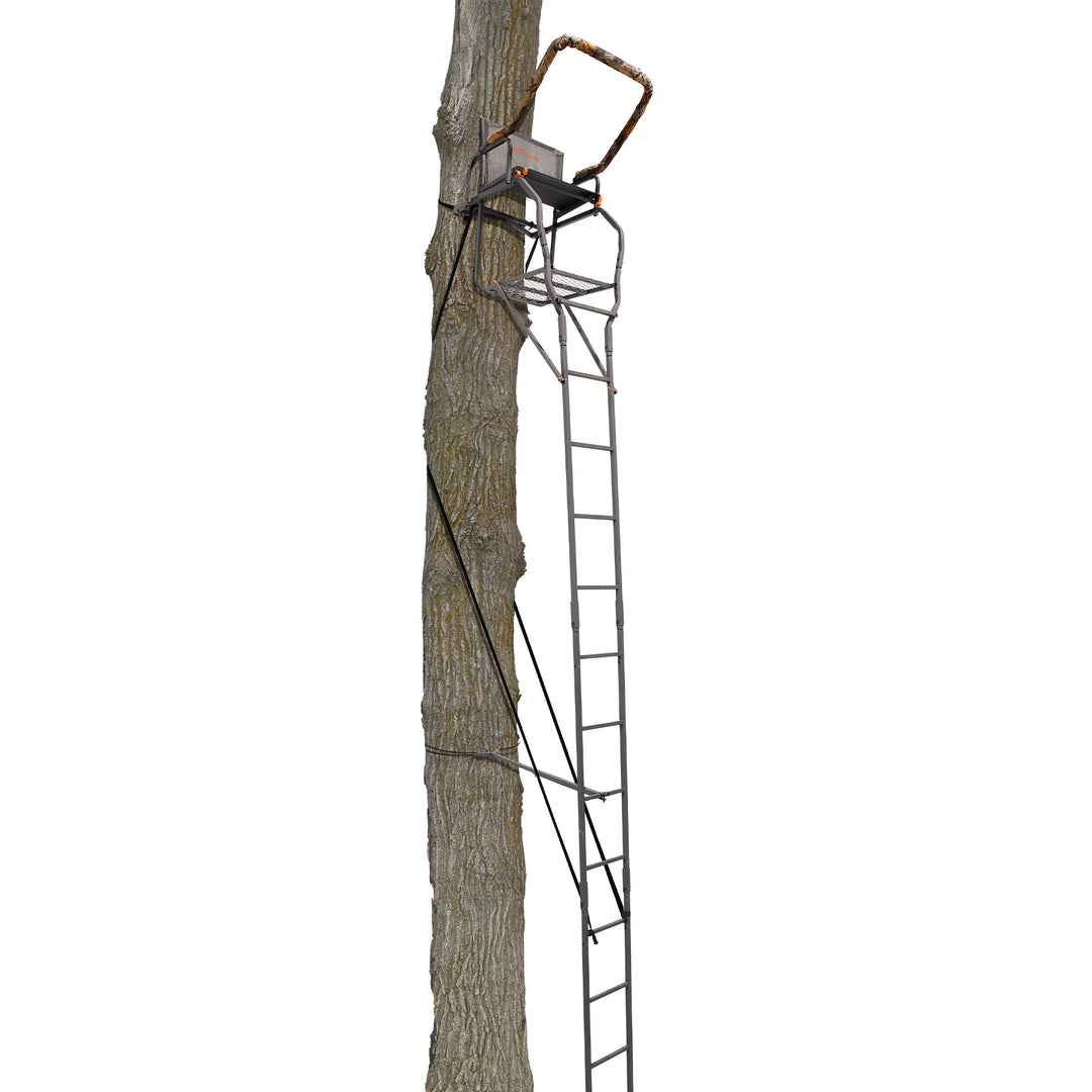 Big Game XL 17.5' Ladder Treestand with Flip-Back Seat and Rail, Black(Open Box) - VMInnovations