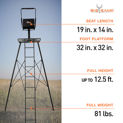 Big Game The Defender 12.5 Ft Tripod Stand, Deer Hunting Ladder w/ Rotating Seat