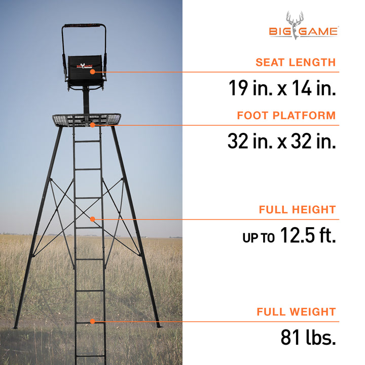 Big Game 12.5 Ft Tripod Stand, Deer Hunting Ladder w/ Rotating Seat (Open Box)