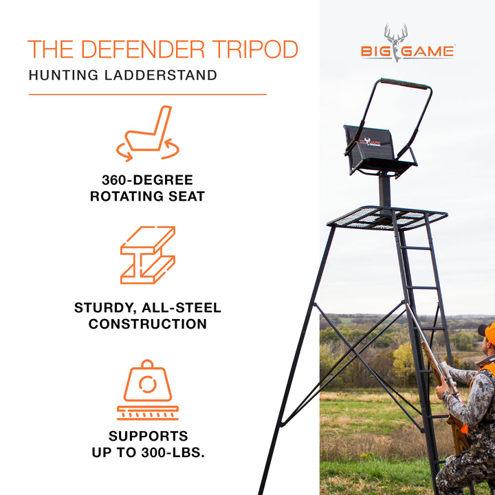 Big Game 12.5 Ft Tripod Stand, Deer Hunting Ladder w/ Rotating Seat (Open Box)
