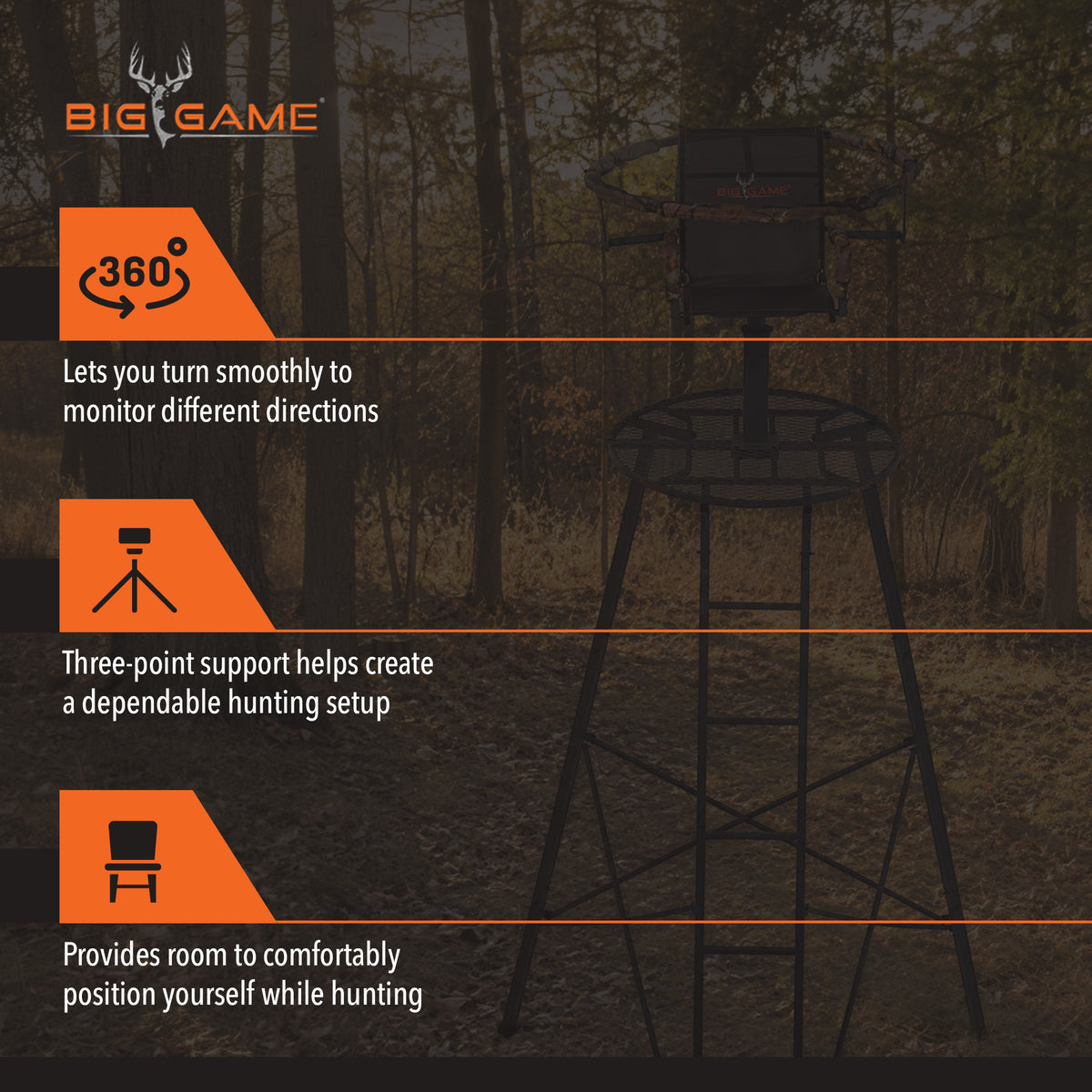 Big Game Apex 12.5 Foot Tripod Stand, Deer Hunting Ladder with Rotating Seat