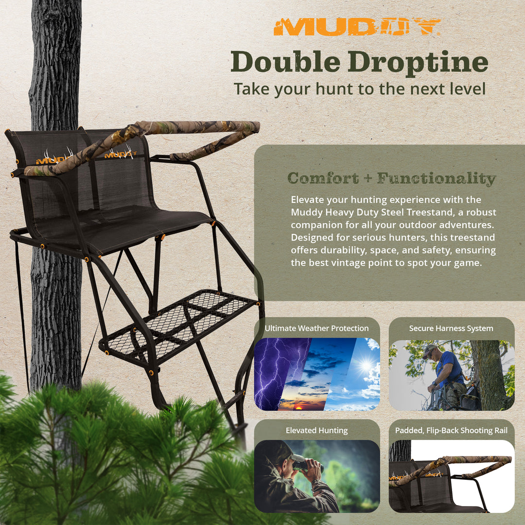 Muddy Droptine Deer Hunting Ladderstand, 2 Person Climbing Tree Stand (Open Box) - VMInnovations