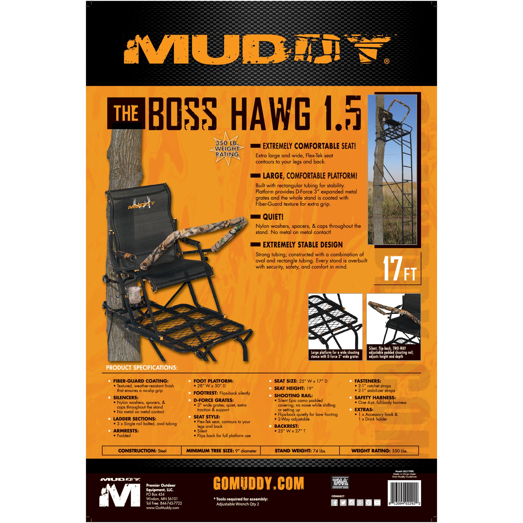 Muddy Boss Hawg 1.5 Deer Hunting 17ft Ladderstand Tree Stand w/Lumbar Seat(Used) - VMInnovations