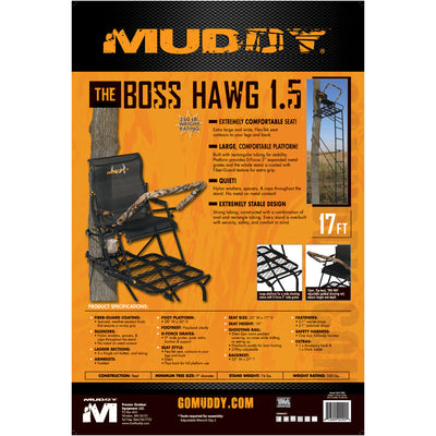 Muddy Boss Hawg 1.5 Deer Hunting 17 Foot Ladderstand Tree Stand w/Lumbar Seat - VMInnovations
