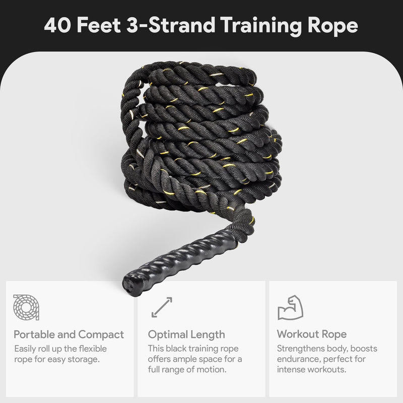 BalanceFrom 3 Strand Training Rope, Durable Workout Equipment, 40 Feet, Black