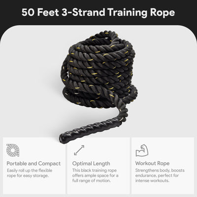 BalanceFrom 3 Strand Training Rope, Durable Workout Equipment, 50 Feet, Black