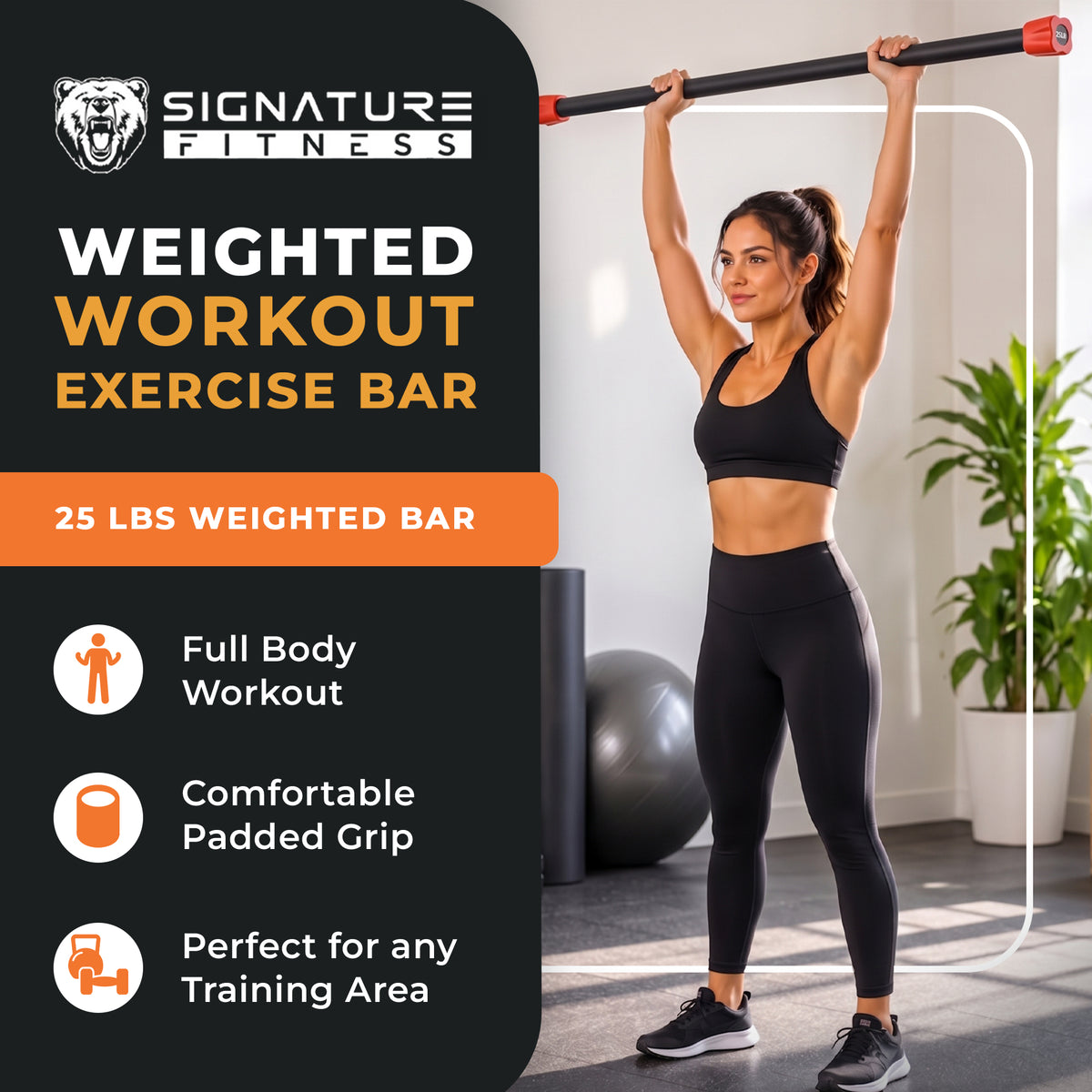 Signature Fitness Total Body Workout Steel Weighted Bar w/Padded Foam, 25 Pounds