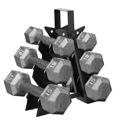 HolaHatha 5, 10 and 15 Pound Cast Iron Dumbbell Free Hand Weight Set with Rack