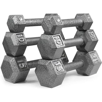 HolaHatha 5, 10 and 15 Pound Cast Iron Dumbbell Free Hand Weight Set with Rack - VMInnovations
