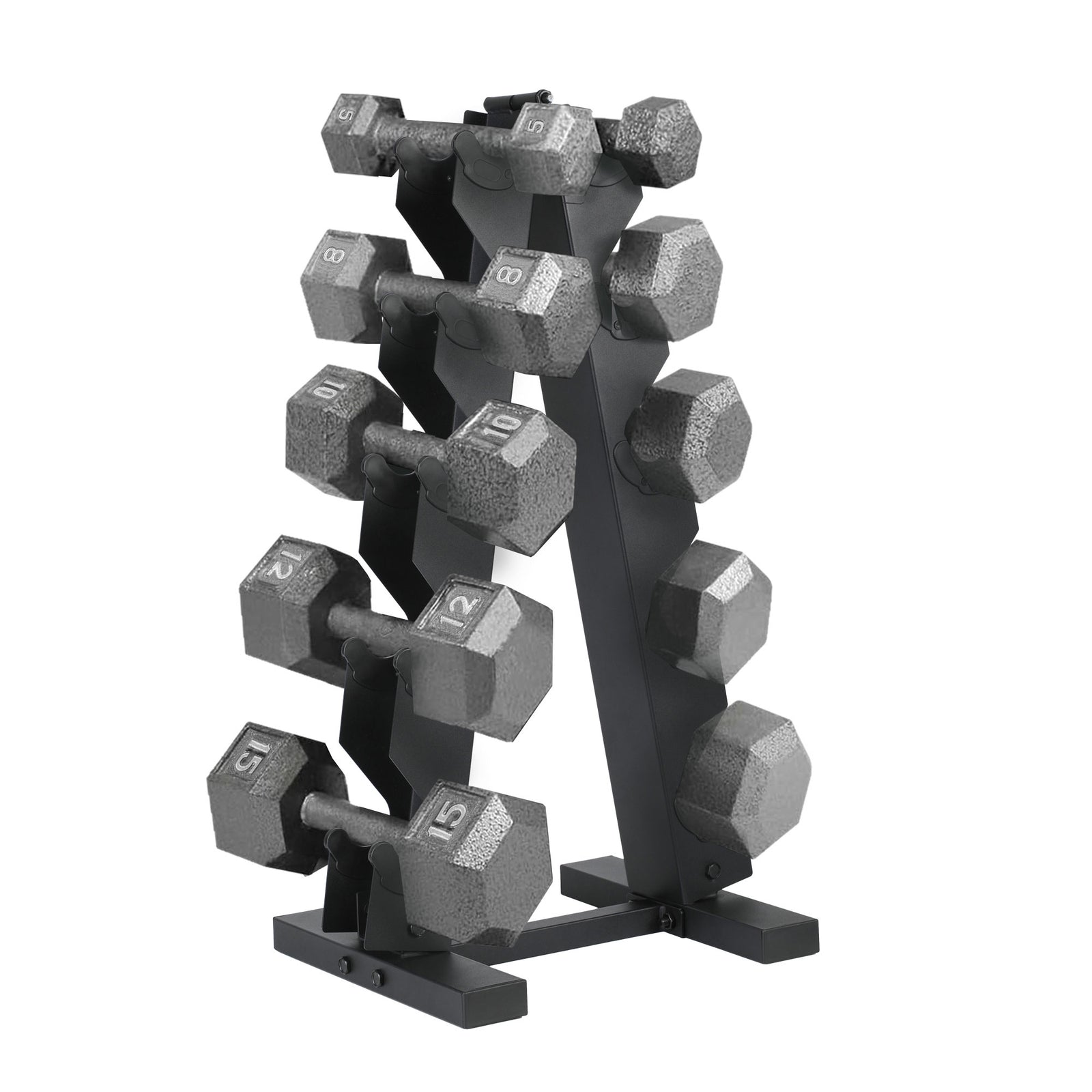 HolaHatha 5, 8, 10, 12 & 15 lb Cast Iron Dumbbell Free Hand Weight Set with Rack - VMInnovations