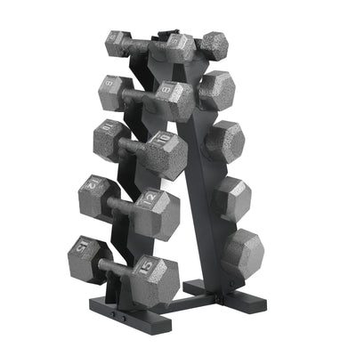 HolaHatha 5, 8, 10, 12 & 15 lb Cast Iron Dumbbell Free Hand Weight Set with Rack - VMInnovations