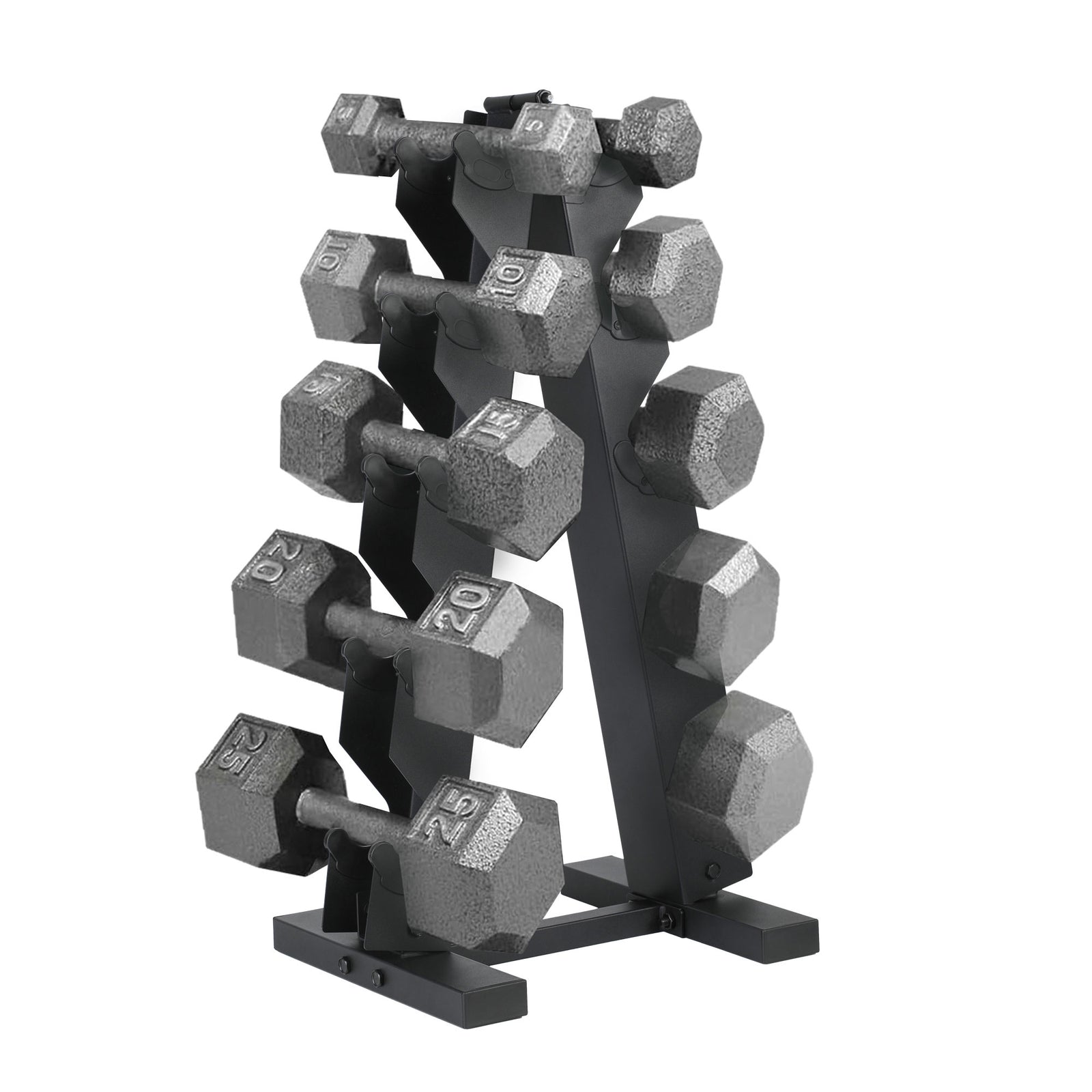HolaHatha 5, 10, 15, 20, 25 lb Cast Iron Dumbbell Free Hand Weight Set with Rack - VMInnovations