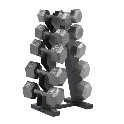 HolaHatha 10, 15, 20, 25, 35lb Cast Iron Dumbbell Free Hand Weight Set with Rack - VMInnovations