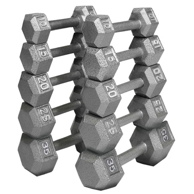 HolaHatha 10, 15, 20, 25, 35lb Cast Iron Dumbbell Free Hand Weight Set with Rack - VMInnovations