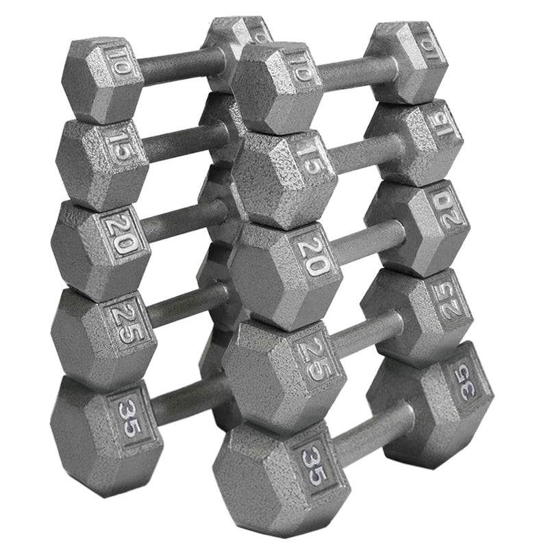 HolaHatha 10, 15, 20, 25, 35lb Cast Iron Dumbbell Free Hand Weight Set with Rack