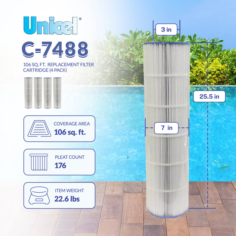 Unicel C-7488 Replacement 106 Sq Ft Pool Filter Cartridge, 176 Pleats (4 Pack)