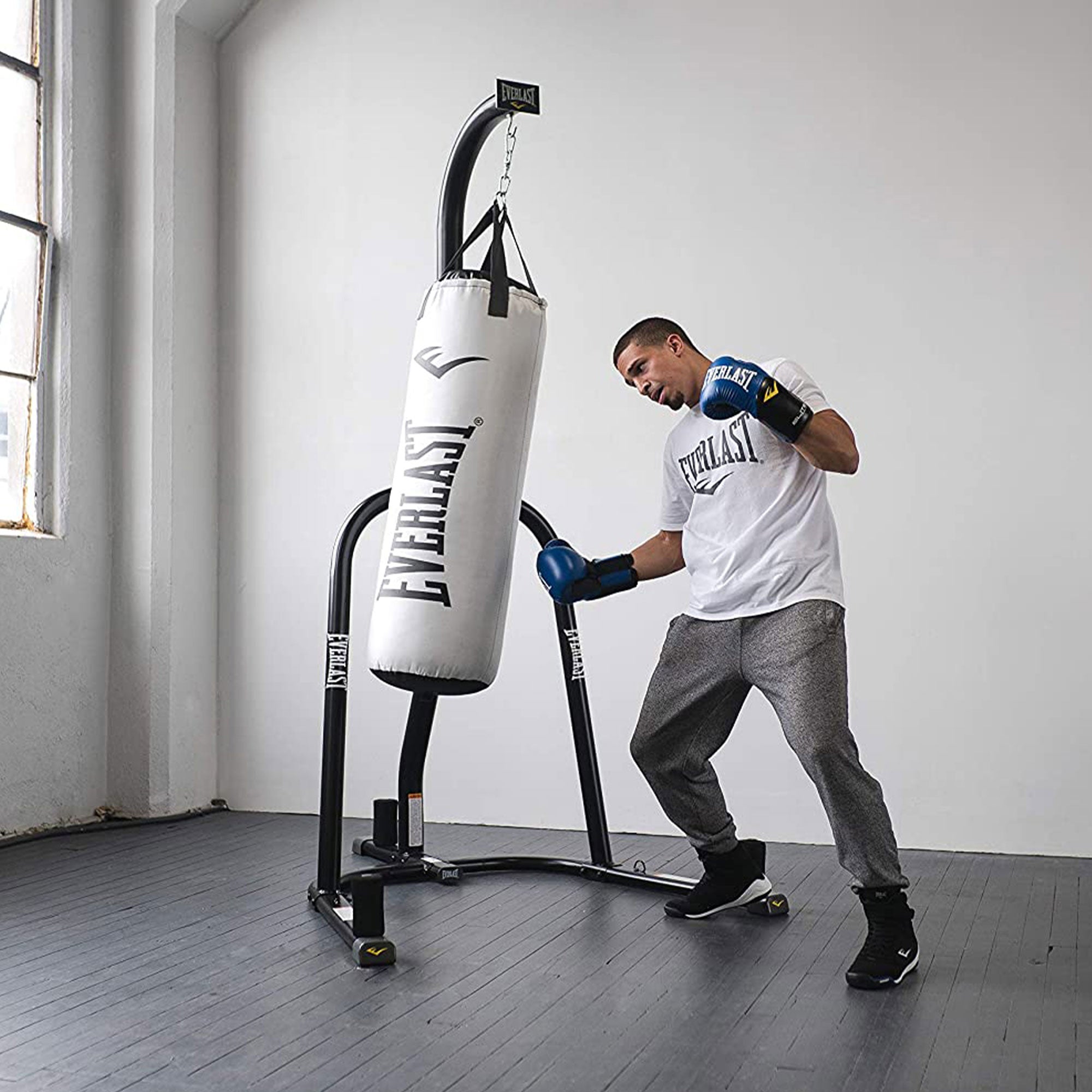 Everlast 100 Pound Bag Stand with Elite 2 Nevatear 80 Pound Punching Bag, White - VMInnovations