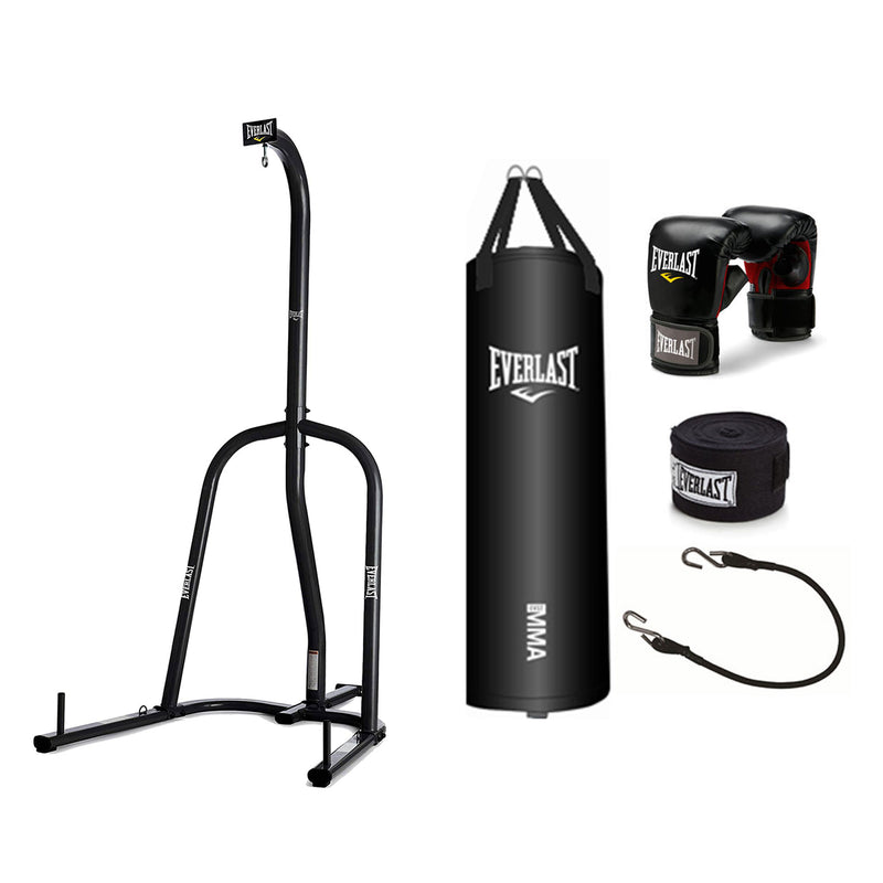 Everlast 100 Pound Bag Stand w/Bag Kit, Gloves, Hand Wraps & Bungee Cord, Black