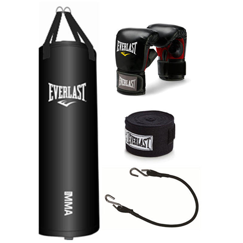 Everlast 100 Pound Bag Stand w/Bag Kit, Gloves, Hand Wraps & Bungee Cord, Black