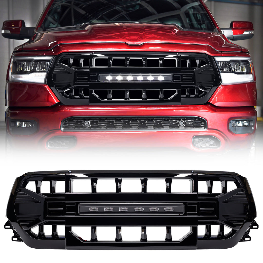 AMERICAN MODIFIED Armor Front Grille for 19-24 Dodge Ram, Glossy Black(Open Box)