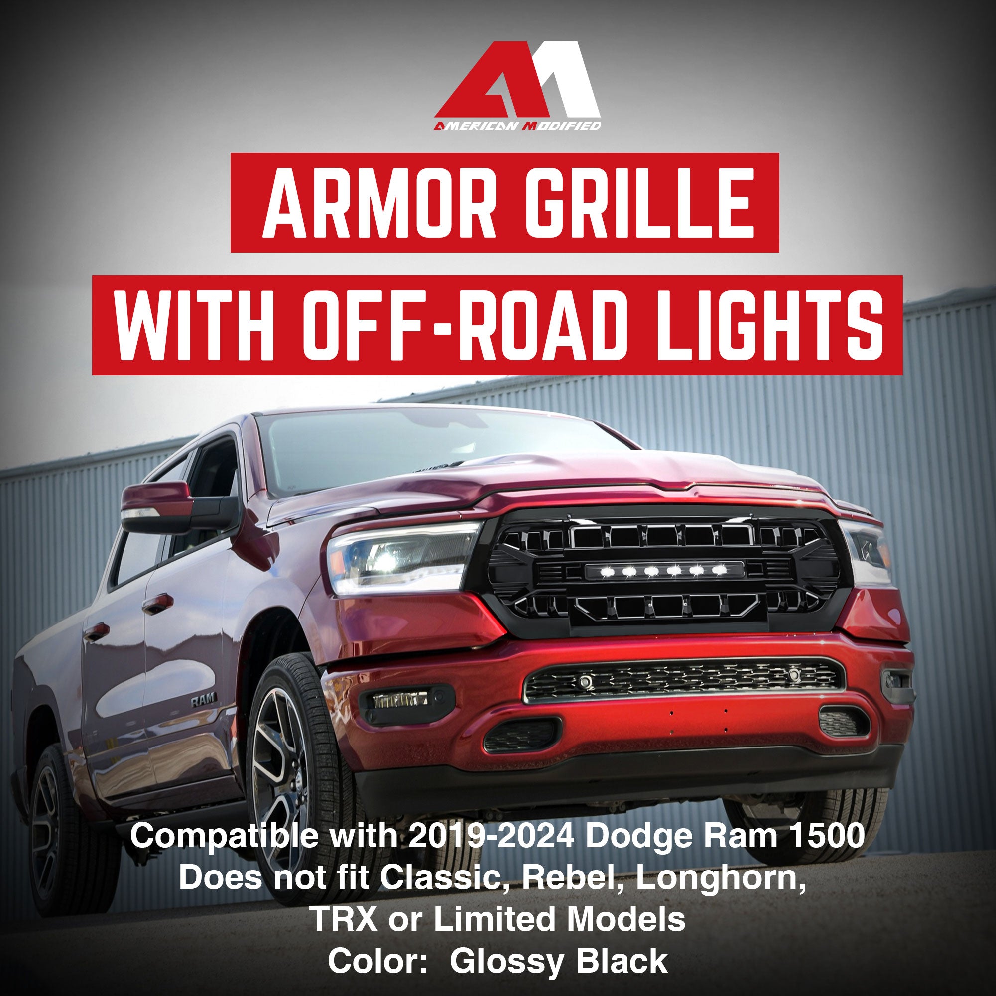 AMERICAN MODIFIED Armor Front Grille for 19-24 Dodge Ram, Glossy Black(Open Box) - VMInnovations