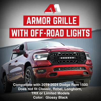 AMERICAN MODIFIED Armor Front Grille for 19-24 Dodge Ram, Glossy Black(Open Box) - VMInnovations