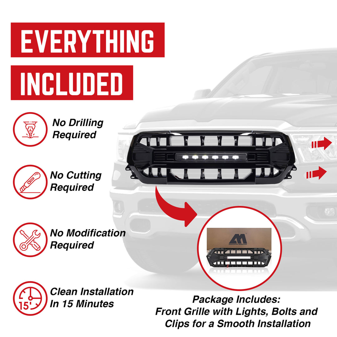 AMERICAN MODIFIED Armor Front Grille for 19-24 Dodge Ram, Glossy Black(Open Box)