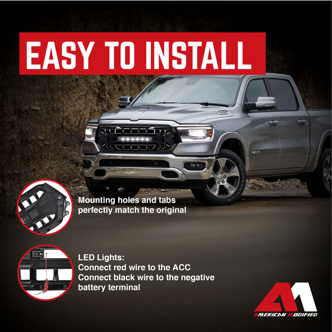 AMERICAN MODIFIED Armor Front Grille for 19-24 Dodge Ram, Glossy Black(Open Box) - VMInnovations