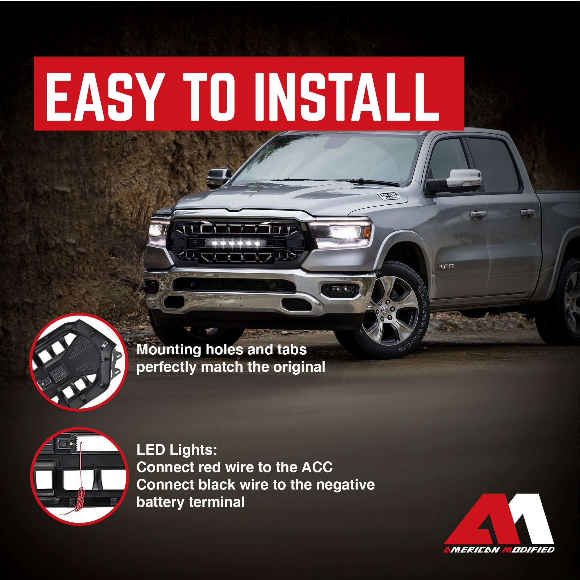 AMERICAN MODIFIED Armor Front Grille for 19-24 Dodge Ram, Glossy Black(Open Box) - VMInnovations