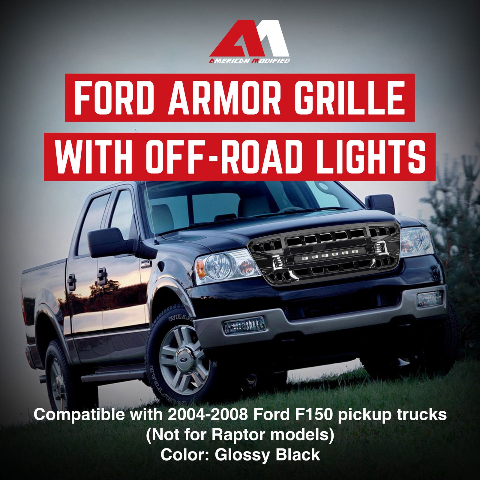 AMERICAN MODIFIED Armor Grille Compatible with 2004-08 Ford F150, Glossy Black - VMInnovations