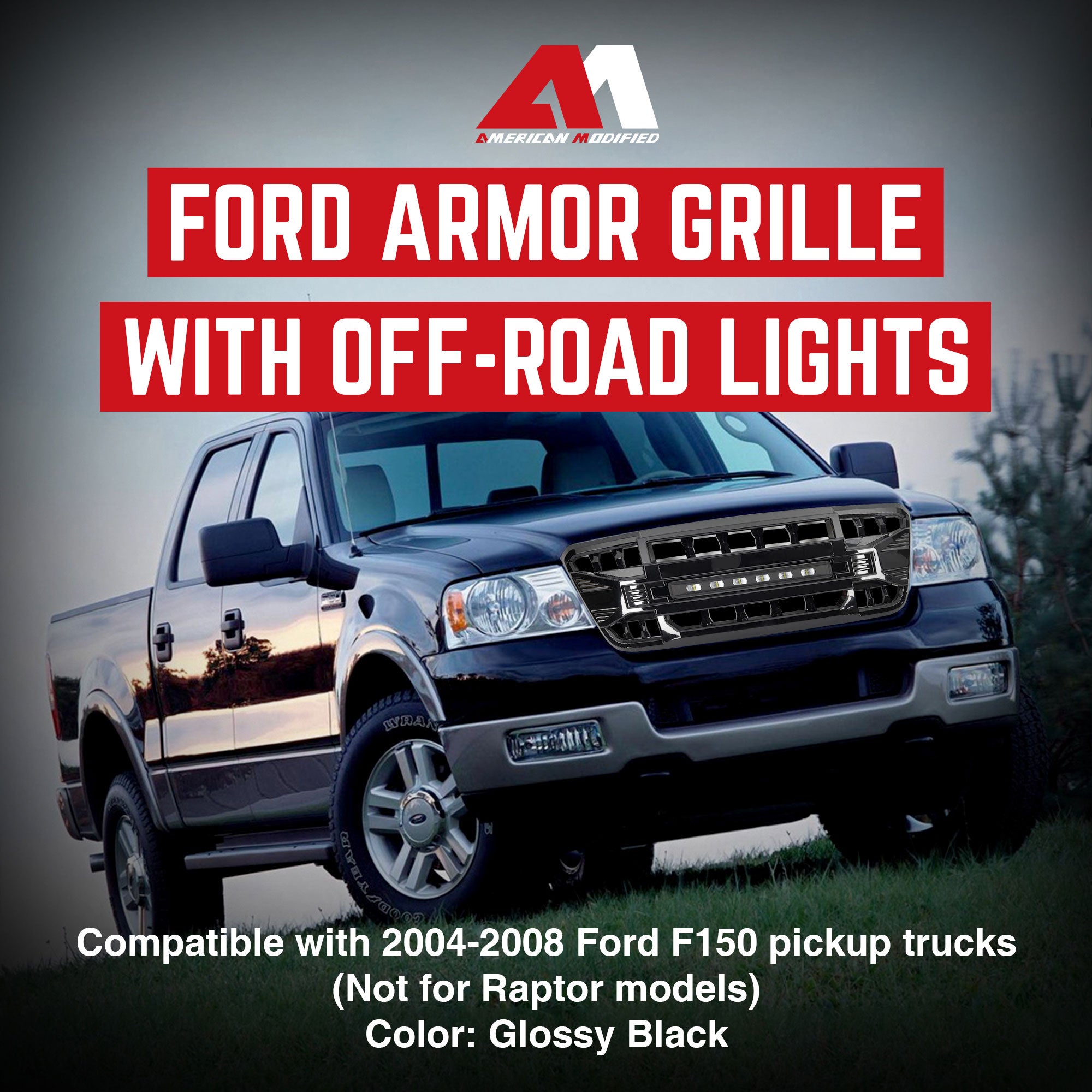 AMERICAN MODIFIED Armor Grille Compatible w/04-08 Ford F150, Glossy Black (Used) - VMInnovations