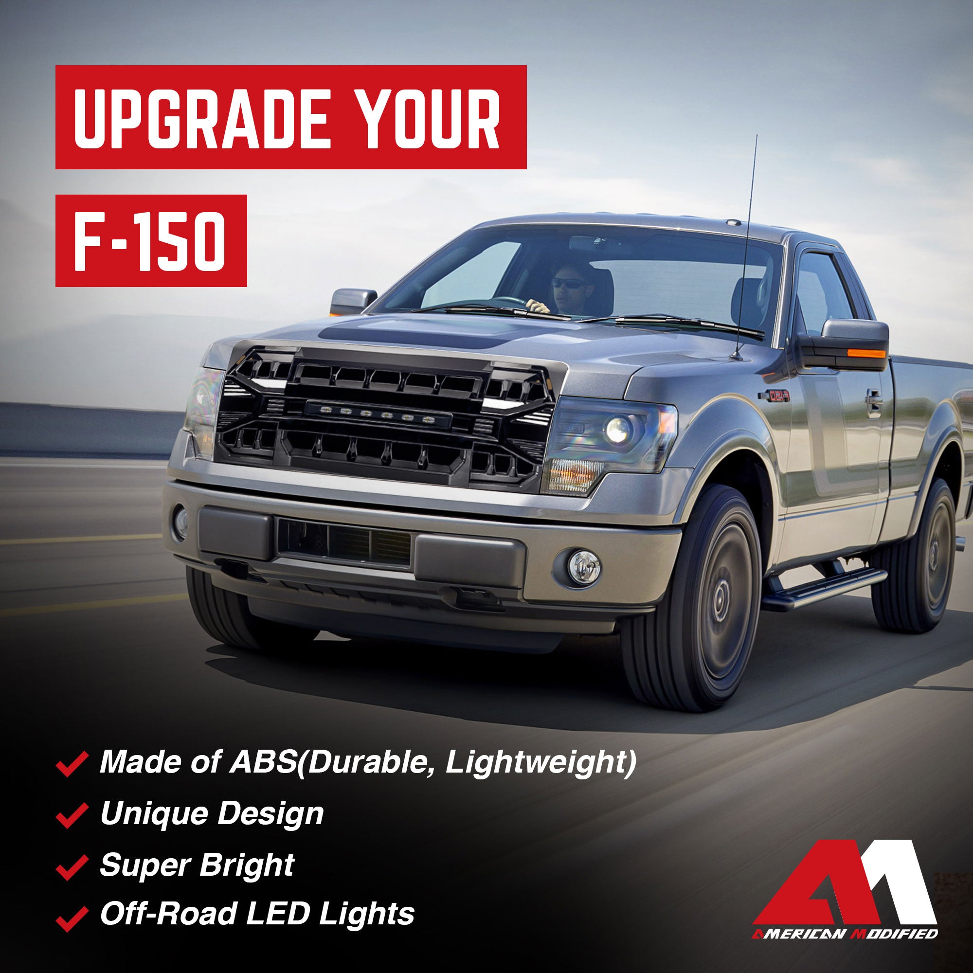 AMERICAN MODIFIED Front Grille Compatible w/ 09-14 Ford F150, Black(Open Box)
