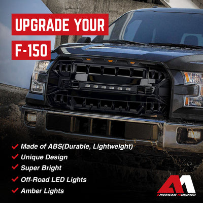 AMERICAN MODIFIED Armor Front Grille for 2015 to 2017 Ford F150, Glossy Black - VMInnovations
