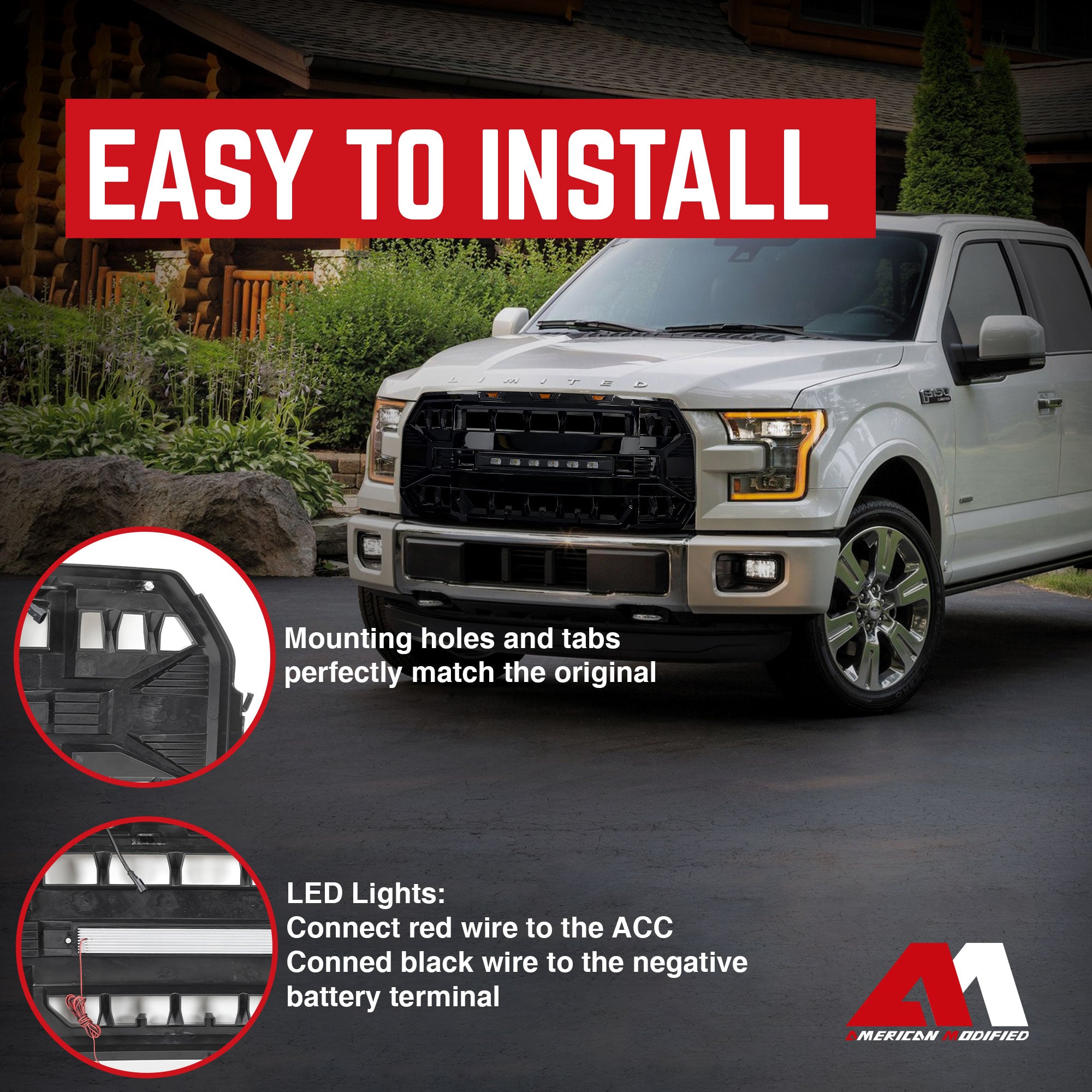 AMERICAN MODIFIED Armor Front Grille for 15-17 Ford F150, Glossy Black(Open Box)