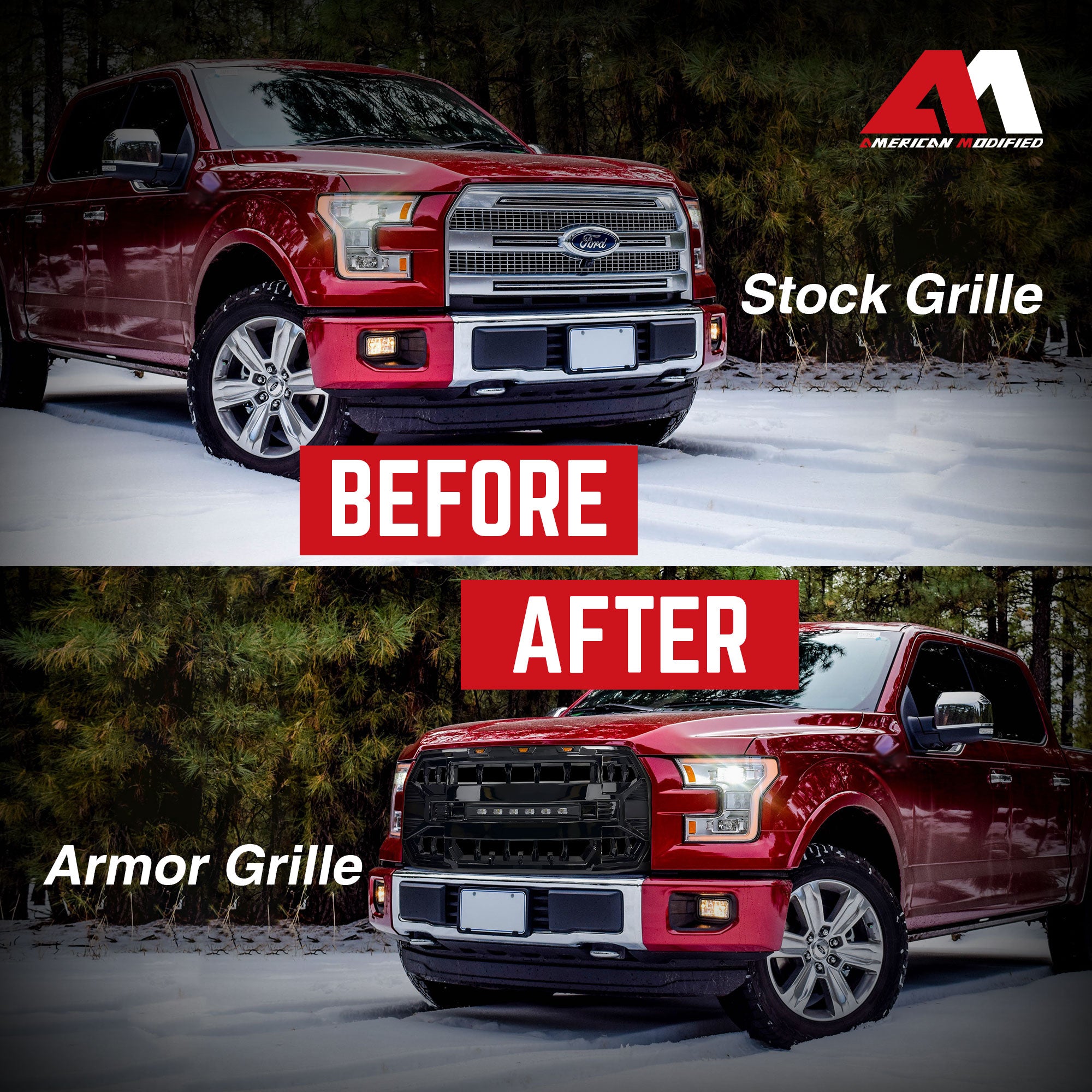AMERICAN MODIFIED Armor Front Grille for 2015 to 2017 Ford F150, Glossy Black - VMInnovations