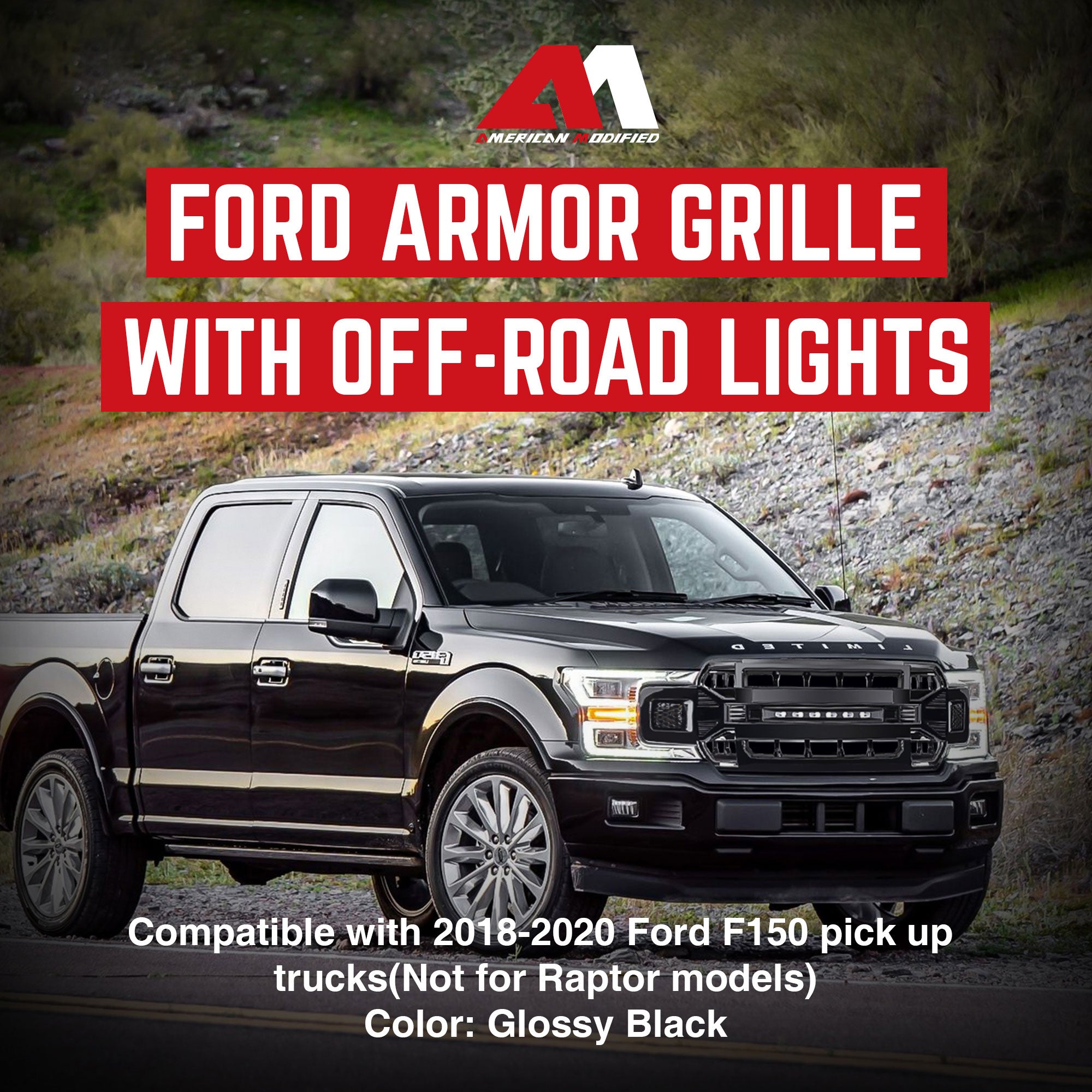 AMERICAN MODIFIED Armor Grille Compatible w/18-20 Ford F150, Glossy Black (Used) - VMInnovations