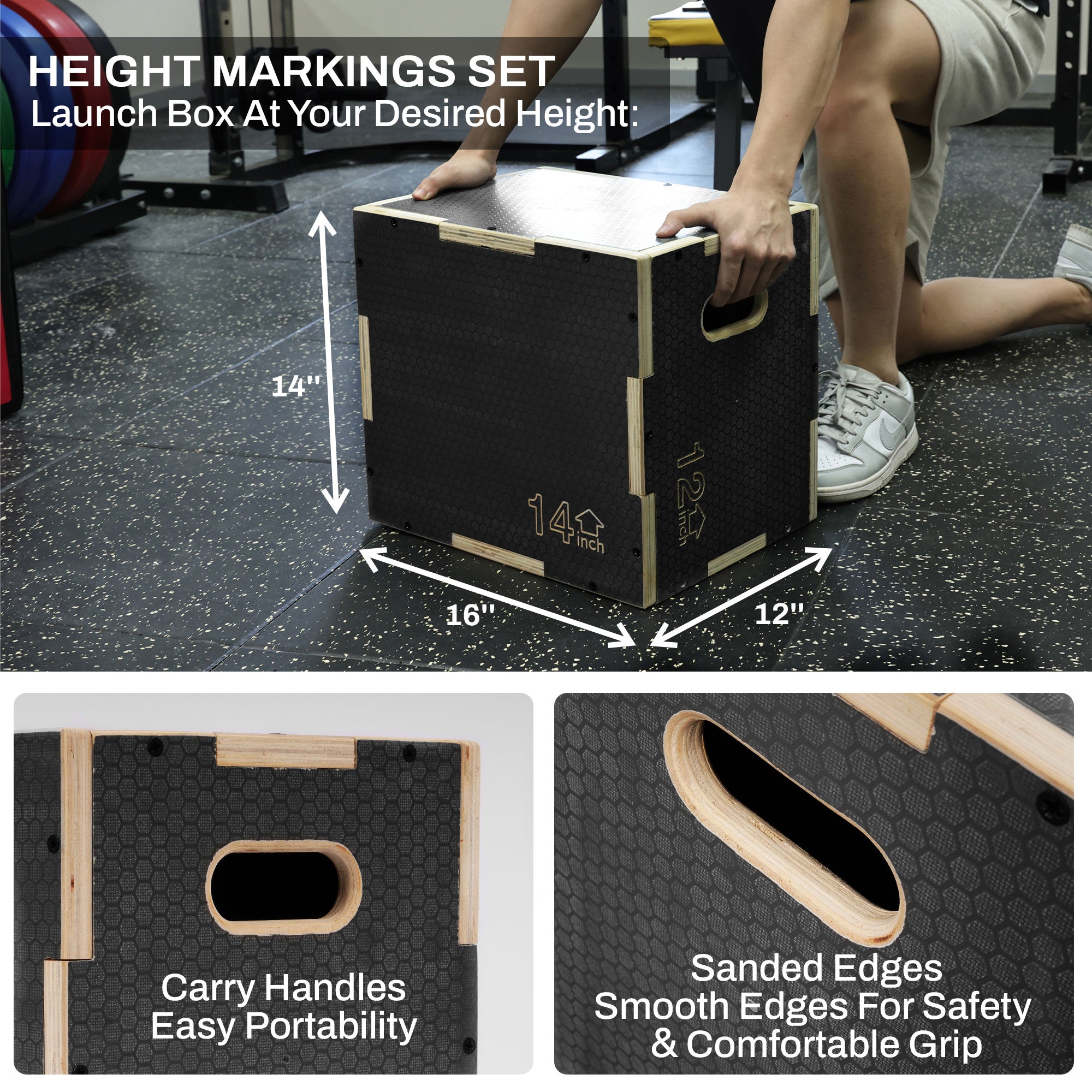 Signature Fitness 16" x 14" x 12" Wooden Plyo Box Non-Slip Jump Platform, Gray - VMInnovations