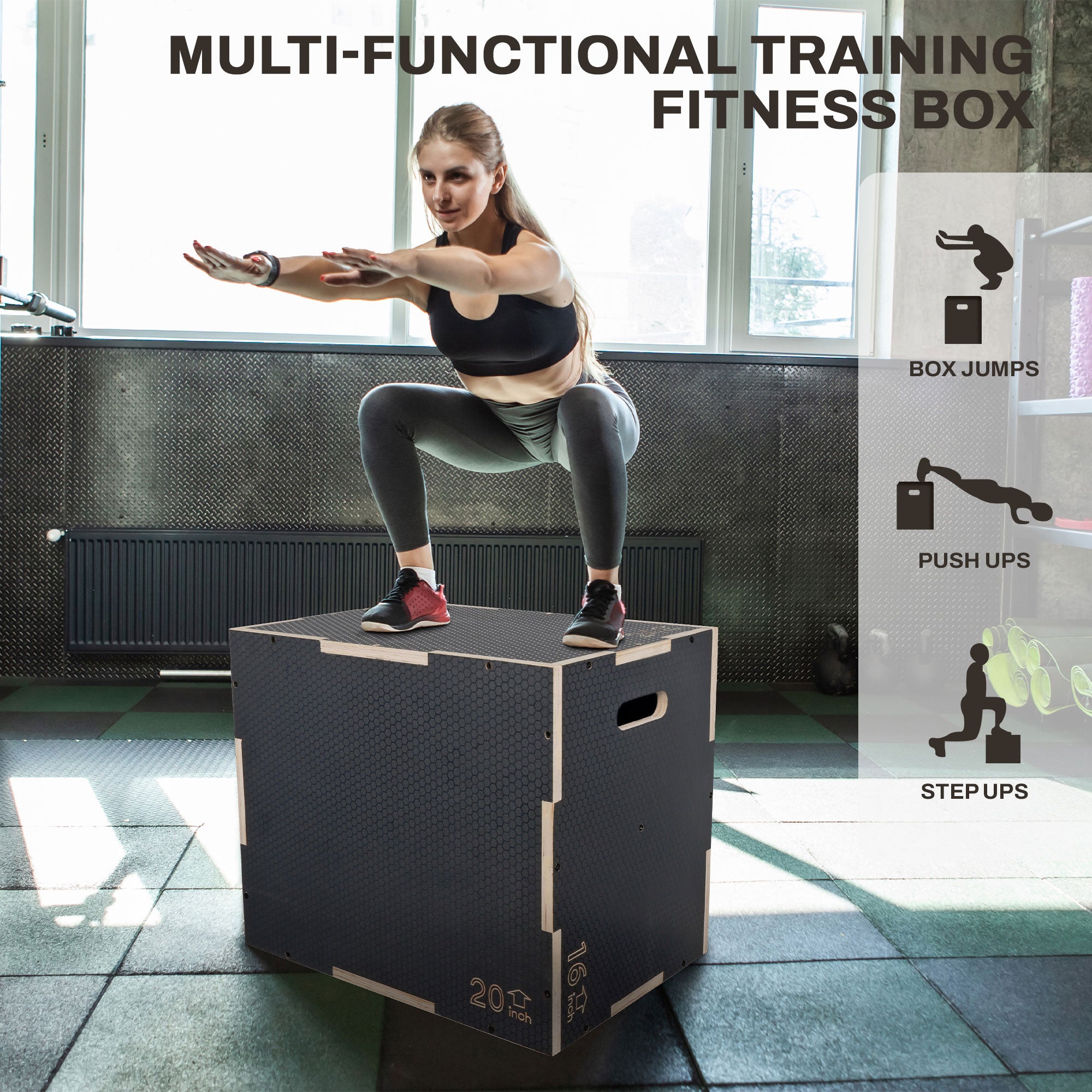Signature 24" x 20" x 16" Wooden Plyo Box Non-Slip Jump Platform, Gray(Open Box) - VMInnovations