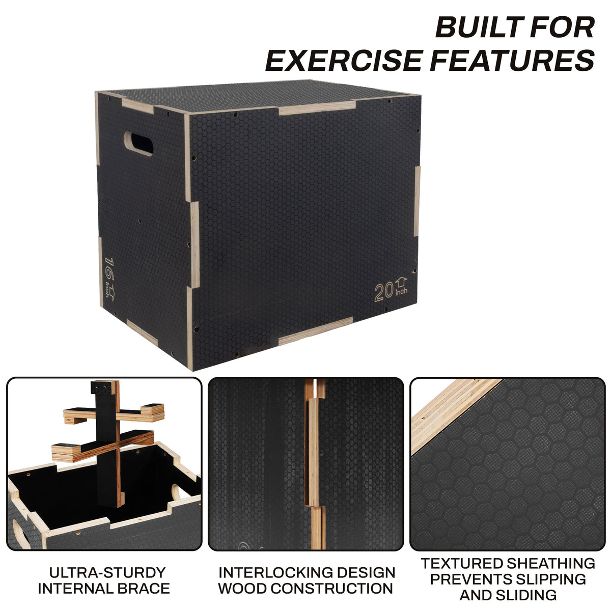 Signature 24" x 20" x 16" Wooden Plyo Box Non-Slip Jump Platform, Gray(Open Box) - VMInnovations